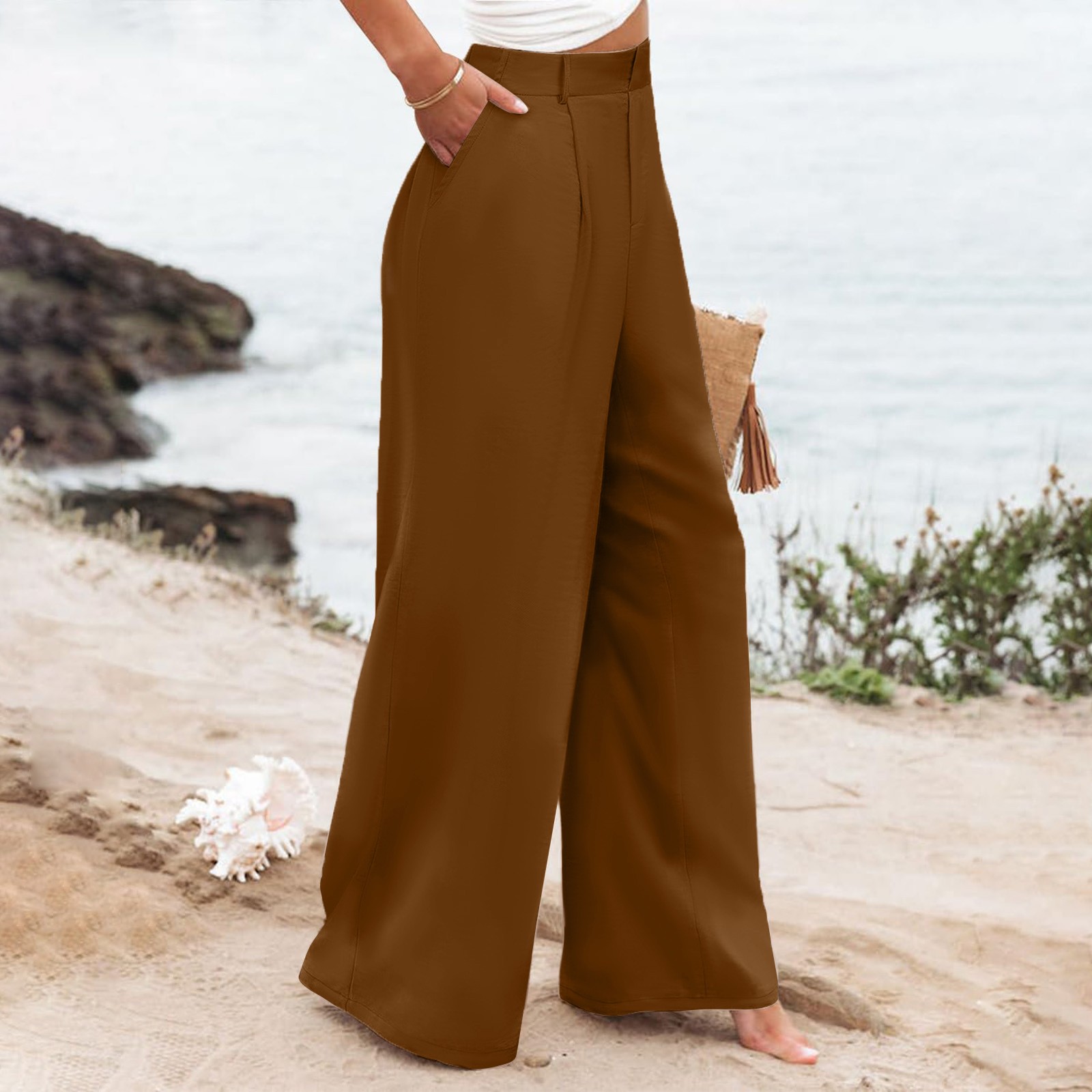 thumbnail image 4 of Pantalones anchos con cintura elástica para mujer: pantalones holgados y cómodos con bolsillos, cintura media, poliéster, para todas las estaciones, 4 of 8